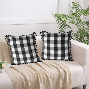 Lushomes Square Cushion Cover with Pom Pom, Cotton Sofa Pillow Cover Set of 2, 24x24 Inch, Big Checks, Black and White Checks, Pillow Cushions Covers (Pack of 2, 60x60 Cms)