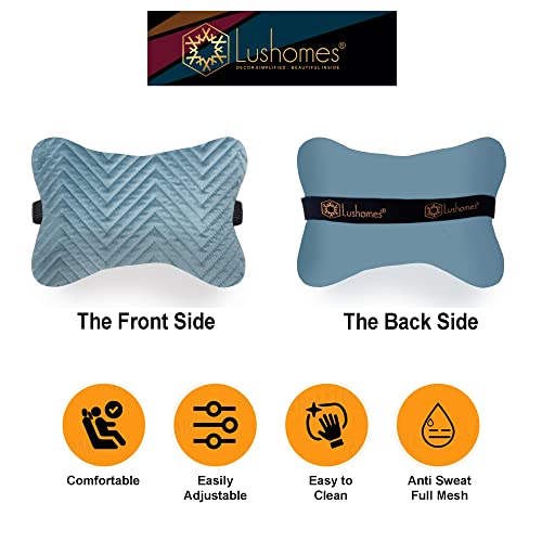 Car Seat Neck Rest Pillow, Cushion For All Cars, Premium Designer Quilted Velvet Lumbar, Back and Headrest Support for Car Seat, Size 16x25 cms, Blue Velvet, Set of 2 by Lushomes