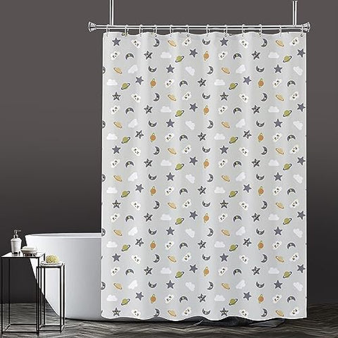 Lushomes shower curtain, Yellow Space Kids Printed, Polyester waterproof 6x6.5 ft with hooks, non-PVC, Non-Plastic, For Washroom, Balcony for Rain, 12 eyelet & 12 Hooks (6 ft W x 6.5 Ft H, Pk of 1)