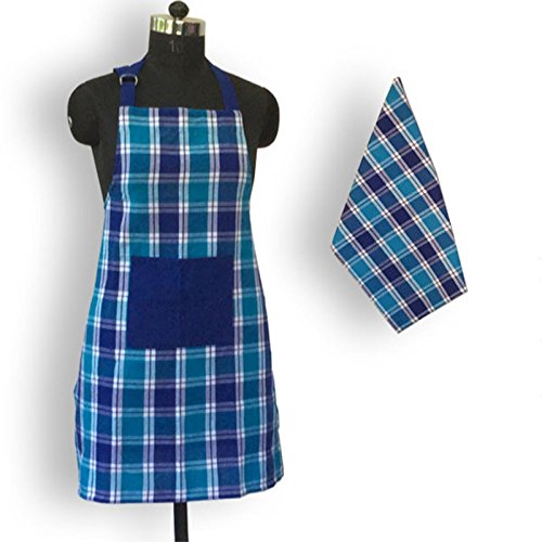 Lushomes Checks Blue and Green Kitchen Cooking Apron Set for Women, apron for men, cooking aprons for women, kitchen apron for men, aprons, aprin (2 Pc Set, Kitchen T 40 x 60 cm, Apron 60 x 80 cms)
