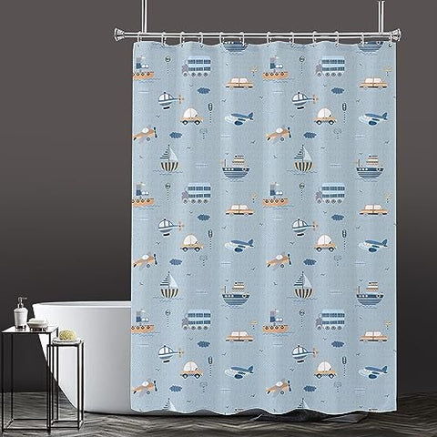 Lushomes shower curtain, Blue Travel Kids Printed, Polyester waterproof 6x6.5 ft with hooks, non-PVC, Non-Plastic, For Washroom, Balcony for Rain, 12 eyelet & 12 Hooks (6 ft W x 6.5 Ft H, Pk of 1)