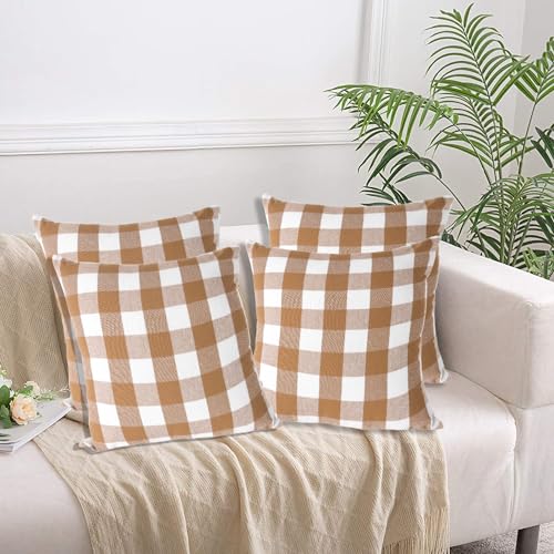 Lushomes Square Cushion Cover, Cotton Sofa Pillow Cover set of 4, 16x16 Inch, Big Checks, Beige and White Checks, Pillow Cushions Covers (Pack of 4, 40x40 Cms)