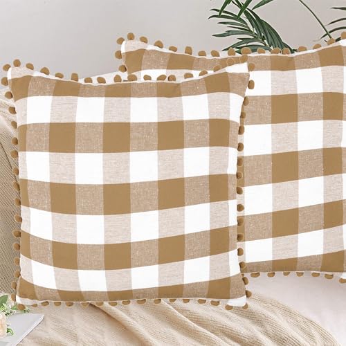 Lushomes Square Cushion Cover with Pom Pom, Cotton Sofa Pillow Cover Set of 2, 20x20 Inch, Big Checks, Beige and White Checks, Pillow Cushions Covers (Pack of 2, 50x50 Cms)