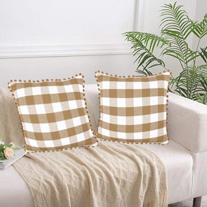 Lushomes Square Cushion Cover with Pom Pom, Cotton Sofa Pillow Cover Set of 2, 18x18 Inch, Big Checks, Beige and White Checks, Pillow Cushions Covers (Pack of 2, 45x45 Cms)