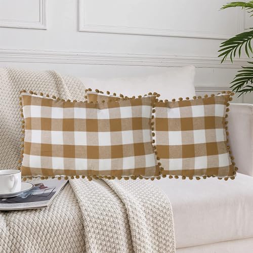 Lushomes Rectangle Cushion Cover with Pom Pom, Cotton Sofa Pillow Cover Set of 2, 12x20 Inch, Big Checks, Beige and White Checks, Pillow Cushions Covers (Pack of 2, 30x50 Cms)