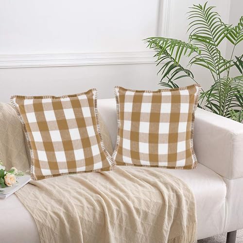 Lushomes Square Cushion Cover with Blanket Stitch, Cotton Sofa Pillow Cover Set of 2, 18x18 Inch, Big Checks, Beige and White Checks, Pillow Cushions Covers (Pack of 2, 45x45 Cms)