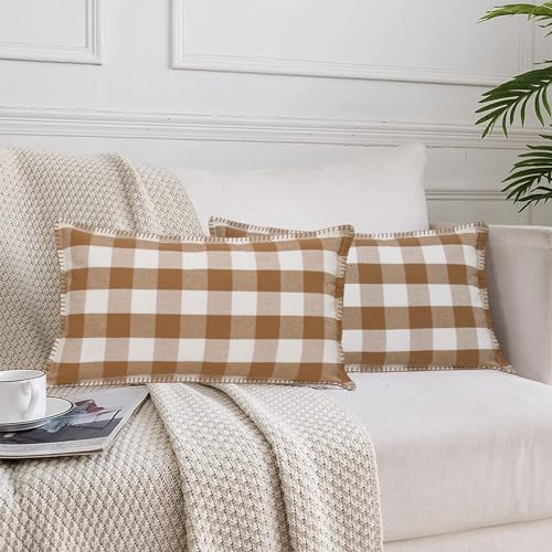 Lushomes Rectangle Cushion Cover with Blanket Stitch, Cotton Sofa Pillow Cover Set of 2, 12x20 Inch, Big Checks, Beige and White Checks, Pillow Cushions Covers (Pack of 2, 30x50 Cms)