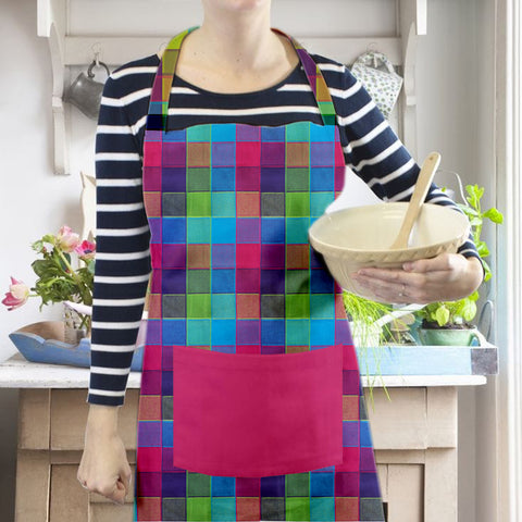 Lushomes Apron for Women, Multi Checks Kitchen Apron for Men, Cooking Apron, apron for kitchen, kitchen dress for cooking,  Adjustable Buckle and Solid Pocket, Size 60x80 cms, Pkof1