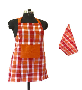 Lushomes Checks Red and Orange Kitchen Cooking Apron Set for Women, apron for men, cooking aprons for women, kitchen apron for men, aprons, aprin (2 Pc Set, Kitchen T 40 x 60 cm, Apron 60 x 80 cms)