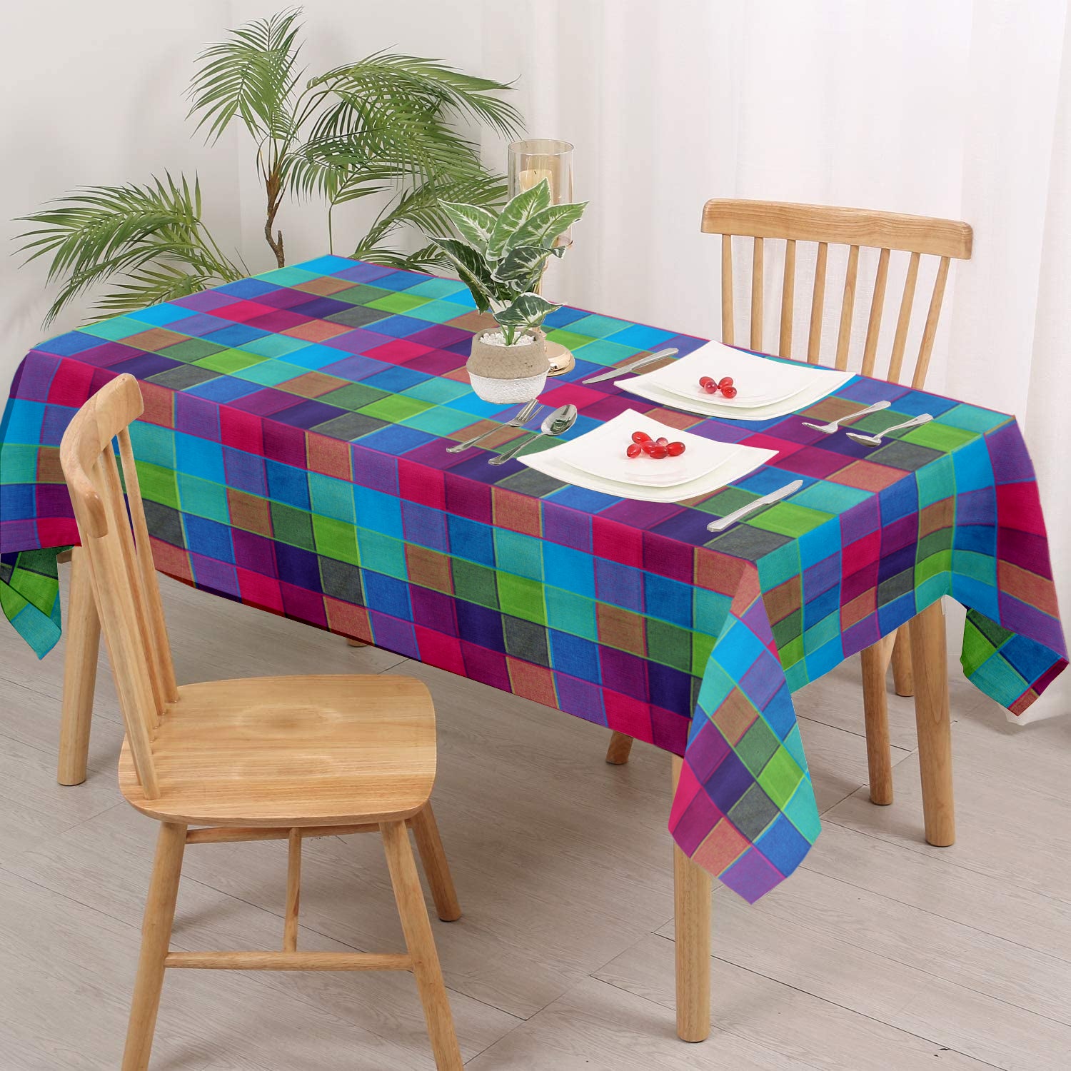 Lushomes table cloth Cotton, center table cover, table cloth for centre table, Also Used As table cloth for study table, Multi Checks Table Cover with 1 Cms Hem (Pk of 1, Size: 36x60 Inch, 3x5 FT)