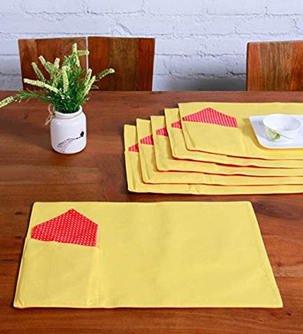 Lushomes table mat and napkins for dining table Set of 12, Fancy Table Mats Online with Pocket and Printed Cloth Napkins, Yellow and Red  (6 Pc Placemats,13x19 Inces + 6 Pcs of Napkins, 16x16 Inches)