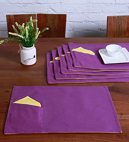 Lushomes table mat and napkins for dining table Set of 12, Fancy Table Mats Online with Pocket and Printed Cloth Napkins, Yellow and Purple(6 Pc Placemats,13x19 Inces + 6 Pcs of Napkins, 16x16 Inches)