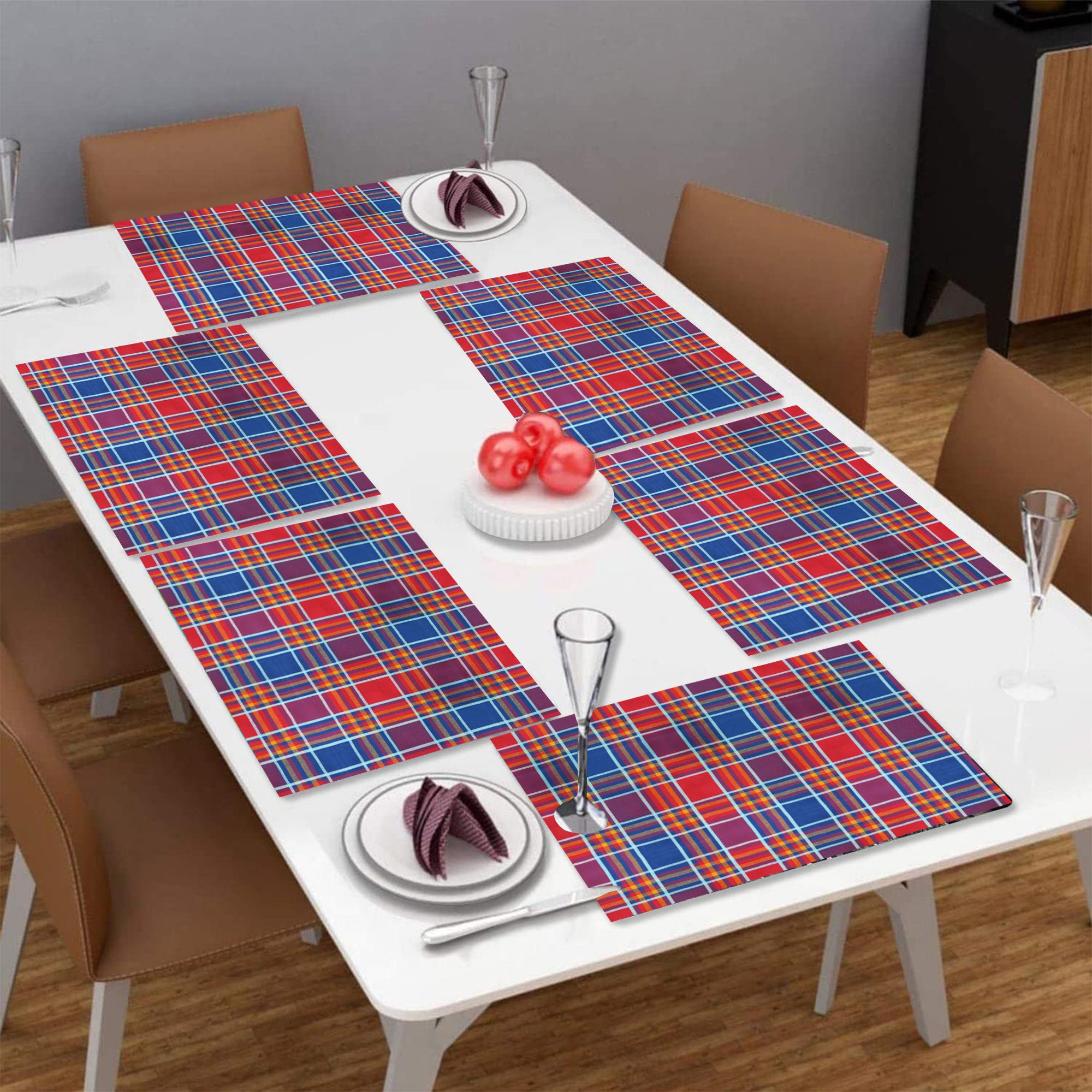 Lushomes Table Mat, Red Checks design Dining Table Mat, table mats set of 6, Also Used as kitchen mat, fridge mat, cupboard sheets for wardrobe, Fused Texture (Pack of 6, 13x18 Inches, 33x48 Cms)