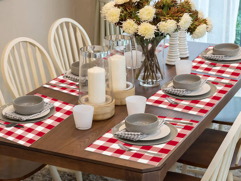 Lushomes Buffalo Checks Red & White Plaid Dinning Table Place Mats, dish drying mat for kitchen, fridge mat, Apt for  4 seater dining table (Pack of 6 Ribbed Dinning Mats, 13 x 18”, 33 x 48 cms)