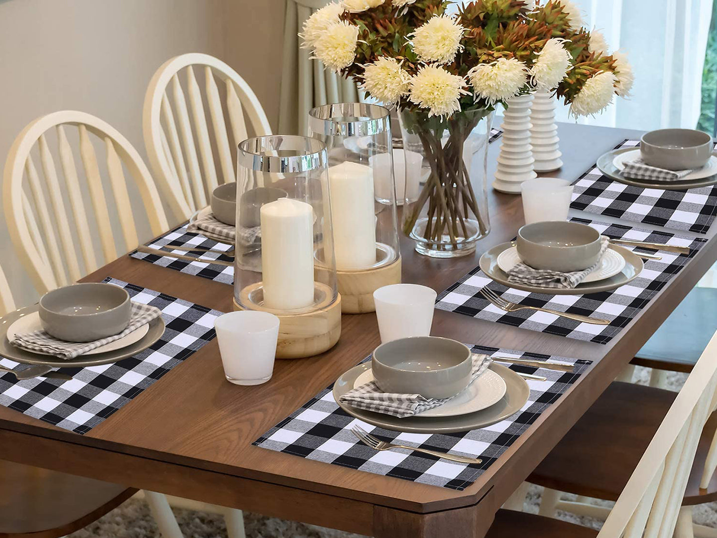 Lushomes Buffalo Checks Black & White Plaid Dinning Table Place Mats, dish drying mat for kitchen, fridge mat, Apt for 4 seater dining table (Pack of 6 Ribbed Dinning Mats, 13 x 18”, 33 x 48 cms)