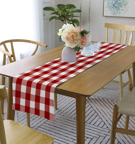 Lushomes Table Runner, Buffalo Checks Red, Cotton Ribbed table runner for 6 or 8 seater dining table, dining table decorative items, Washable, Big Size (Single Layer, 13 x 98”, 33 x 250 cms)