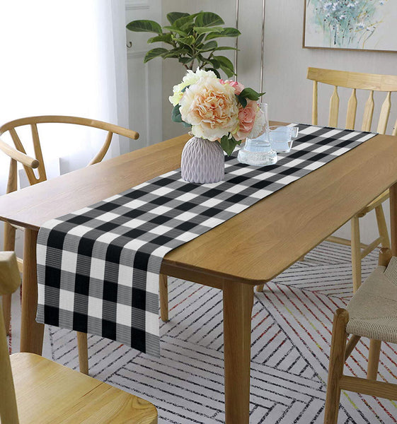 Lushomes Table Runner, Buffalo Checks Black, Cotton Ribbed table runner for 6 or 8 seater dining table, dining table decorative items, Washable, Big Size (Single Layer, 13 x 98”, 33 x 250 cms)