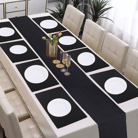 Lushomes Table Mat & Table Runner Set, Dining table mats 8 pieces in Size 13x19 Inches, 1 table runner 8 Seater In Size 13x98 Inches, dining table accessories for home, For dining(Pack of 9, Black)