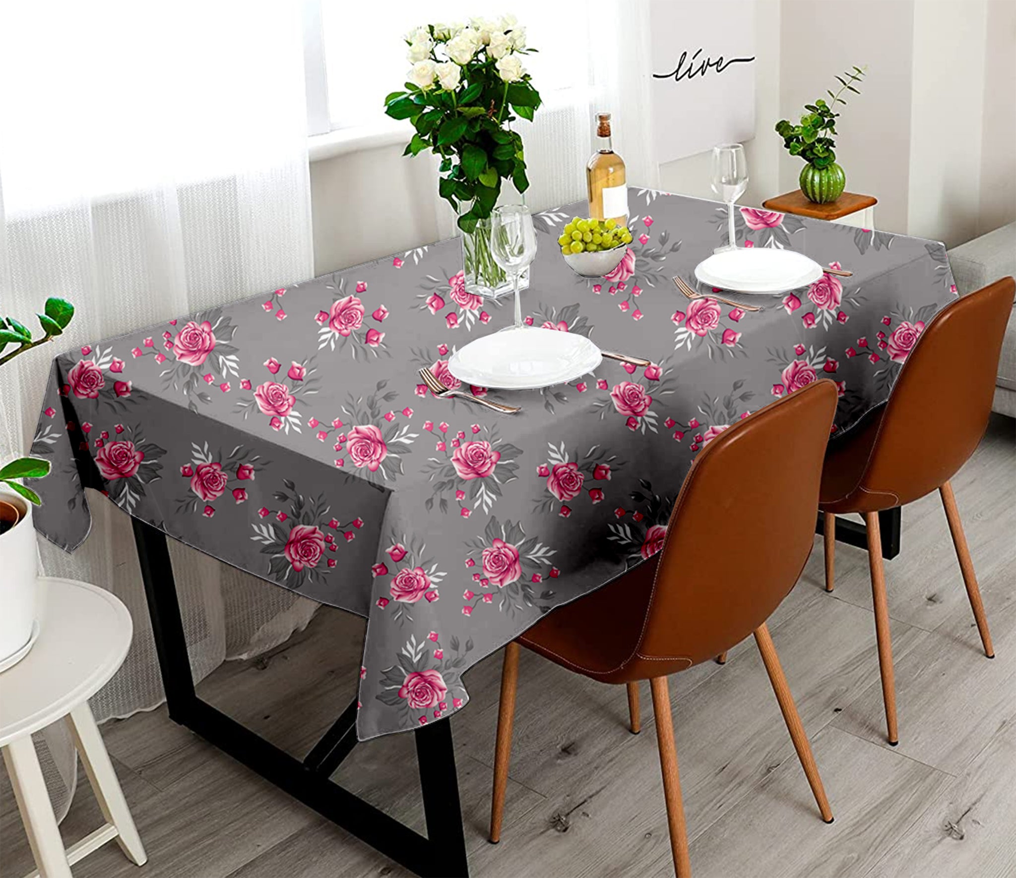 Lushomes round table cover, table cloth for 4 to 6 seater dining table, dining table accessories for home, 4.75 x 5.90 FT Rectangle, Machine Wash (Pack of 1, 57x71 Inch, Grey Flowers)