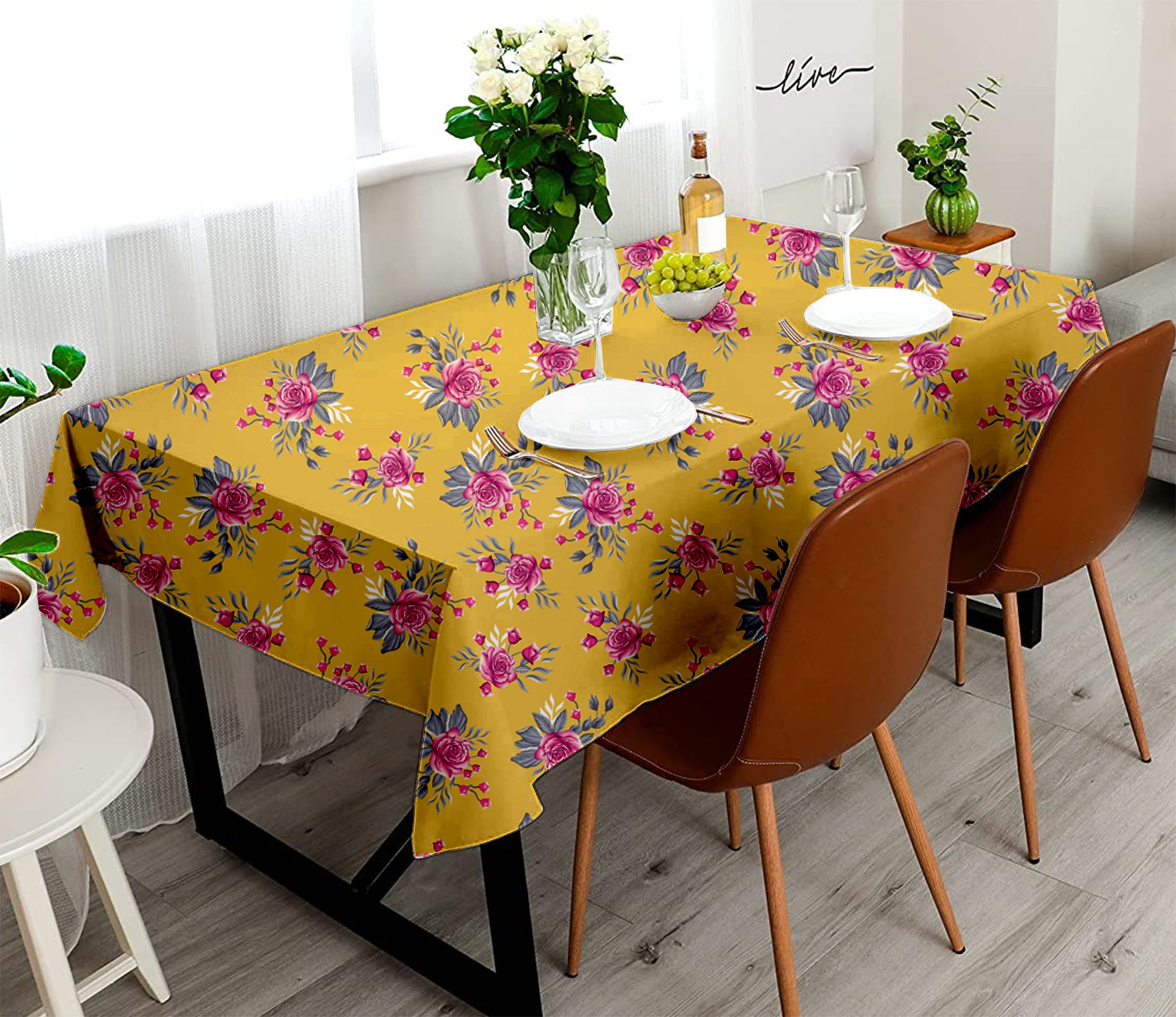 Lushomes round table cover, dining table cover 6 to 8 seater, dining table accessories for home, 4.75 x 7.90 FT Rectangle, Machine Wash(Pack of 1, 57x95 Inch, Yellow Flowers)