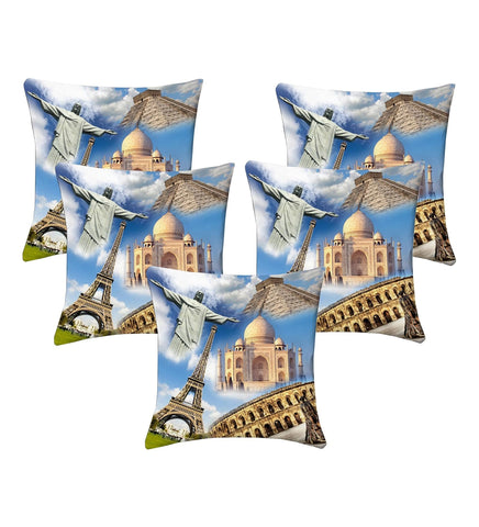 Lushomes cushion covers 16 inch x 16 inch, cusion covers for sofa 16" 16 Digital Printed Wonders of The World Square Festive and Ethnic Cushion Covers (5 Pcs, Size: 16''x16'')