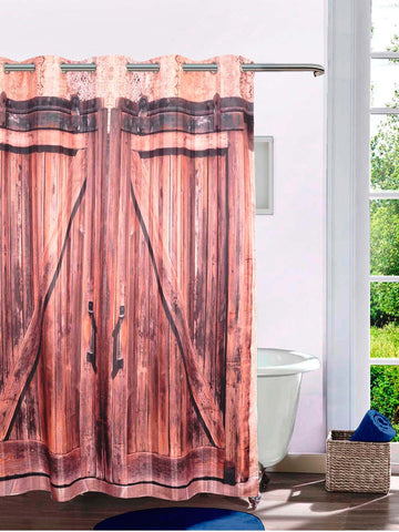 Lushomes shower curtain, Wooden Door Printed, Polyester waterproof 6x6.5 ft with hooks, non-PVC, Non-Plastic, For Washroom, Balcony for Rain, 12 eyelet & no Hooks (6 ft W x 6.5 Ft H, Pk of 1)