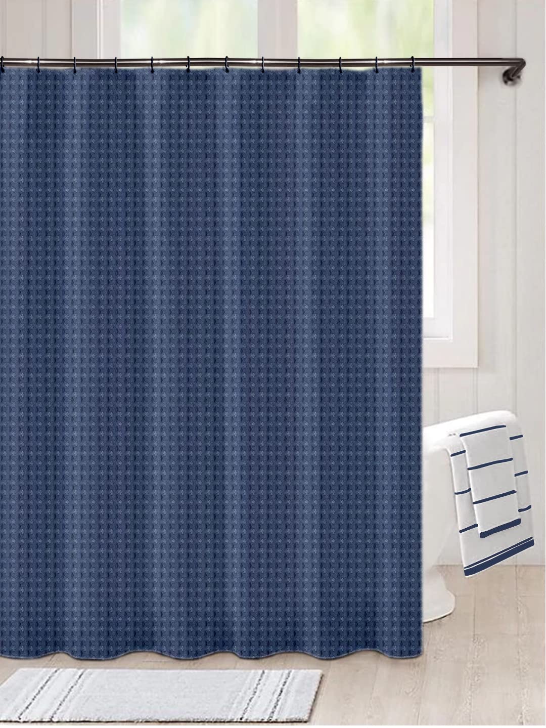 Waffle Weave Shower Curtains , 70x72 Inches Bath Cloth Curtain, Bathroom curtain for shower, Thick Heavy Duty Fabric, Blue, with 12 Rust-Resistant Metal Grommets and no Hooks, Modern, Hotel Quality, Machine Washable Polyester Blend by Lushomes