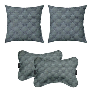 Car Cushion Pillows for Neck, Back and Seat Rest, Pack of 4, Embossed Leatherlike Fabric 100% Polyester Material, 2 PCs of Bone Neck Rest Size: 6x10 Inches, 2 Pcs of Car Cushion Size: 12x12 Inches, Grey, by Lushomes