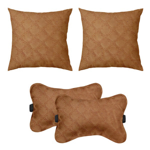 Car Cushion Pillows for Neck, Back and Seat Rest, Pack of 4, Embossed Leatherlike Fabric 100% Polyester Material, 2 PCs of Bone Neck Rest Size: 6x10 Inches, 2 Pcs of Car Cushion Size: 12x12 Inches, Beige, by Lushomes