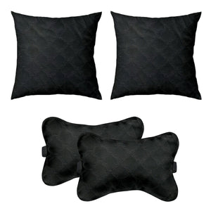 Car Cushion Pillows for Neck, Back and Seat Rest, Pack of 4, Embossed Leatherlike Fabric 100% Polyester Material, 2 PCs of Bone Neck Rest Size: 6x10 Inches, 2 Pcs of Car Cushion Size: 12x12 Inches, Black, by Lushomes