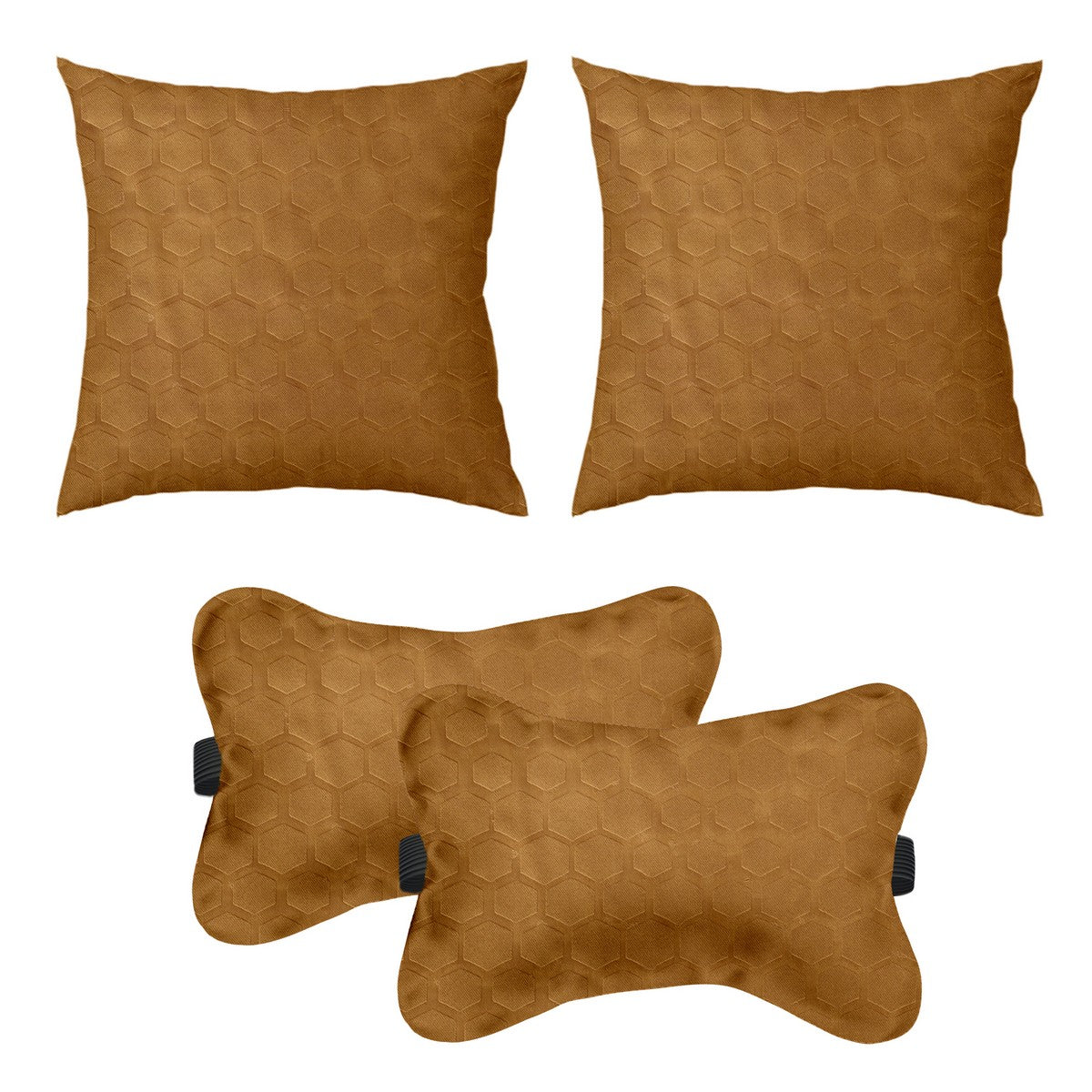 Car Cushion Pillows for Neck, Back and Seat Rest, Pack of 4, Embossed Leatherlike Fabric 100% Polyester Material, 2 PCs of Bone Neck Rest Size: 6x10 Inches, 2 Pcs of Car Cushion Size: 12x12 Inches, Beige,  by Lushomes