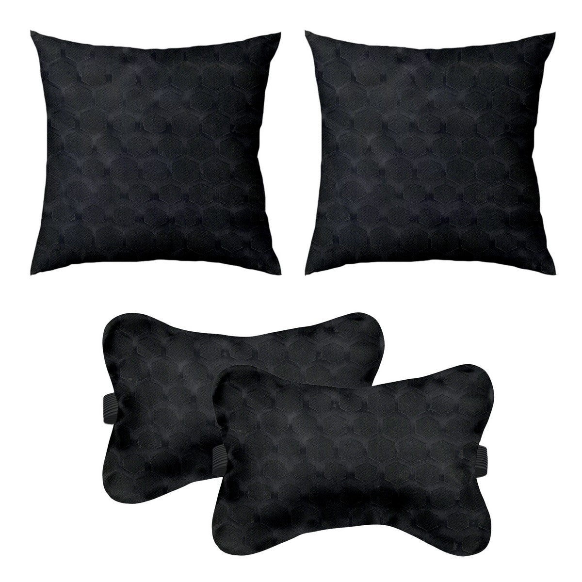 Car Cushion Pillows for Neck, Back and Seat Rest, Pack of 4, Embossed Leatherlike Fabric 100% Polyester Material, 2 PCs of Bone Neck Rest Size: 6x10 Inches, 2 Pcs of Car Cushion Size: 12x12 Inches, Black, by Lushomes