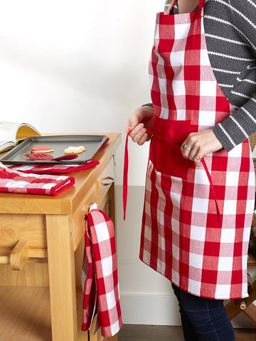 Lushomes Apron for Women, Checks Kitchen Apron for Men, Cooking Apron, apron for kitchen, kitchen dress for cooking, cotton apron for women, Size 70x80 cms, Colour Red, Pack of 1
