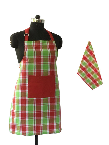 Lushomes Checks Red and Green Kitchen Cooking Apron Set for Women, apron for men, cooking aprons for women, kitchen apron for men, aprons, aprin (2 Pc Set, Kitchen T 40 x 60 cm, Apron 60 x 80 cms)