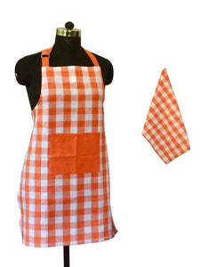 Lushomes Checks Orange and Red Kitchen Cooking Apron Set for Women, apron for men, cooking aprons for women, kitchen apron for men, aprons, aprin (2 Pc Set, Kitchen T 40 x 60 cm, Apron 60 x 80 cms)