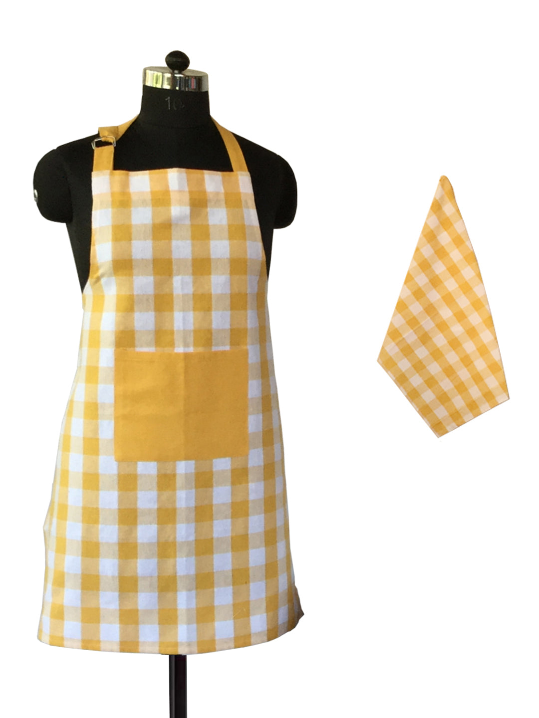 Lushomes Checks yellow Kitchen Cooking Apron Set for Women, apron for men, cooking aprons for women, kitchen apron for men, aprons, aprin (2 Pc Set, Kitchen T 40 x 60 cm, Apron 60 x 80 cms)