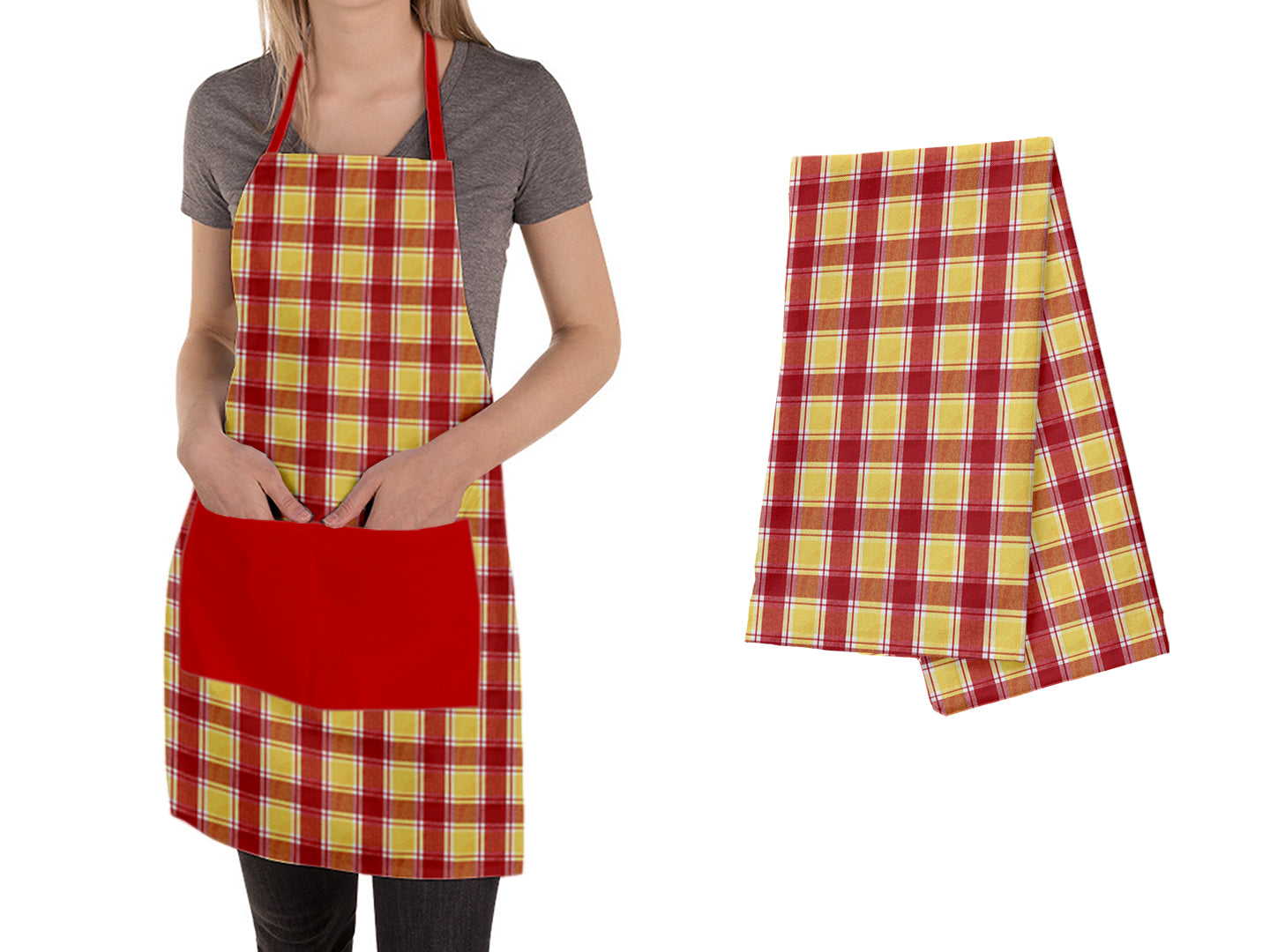 Lushomes Checks red and yellow Kitchen Cooking Apron Set for Women, apron for men, cooking aprons for women, kitchen apron for men, aprons, aprin (2 Pc Set, Kitchen T 40 x 60 cm, Apron 60 x 80 cms)