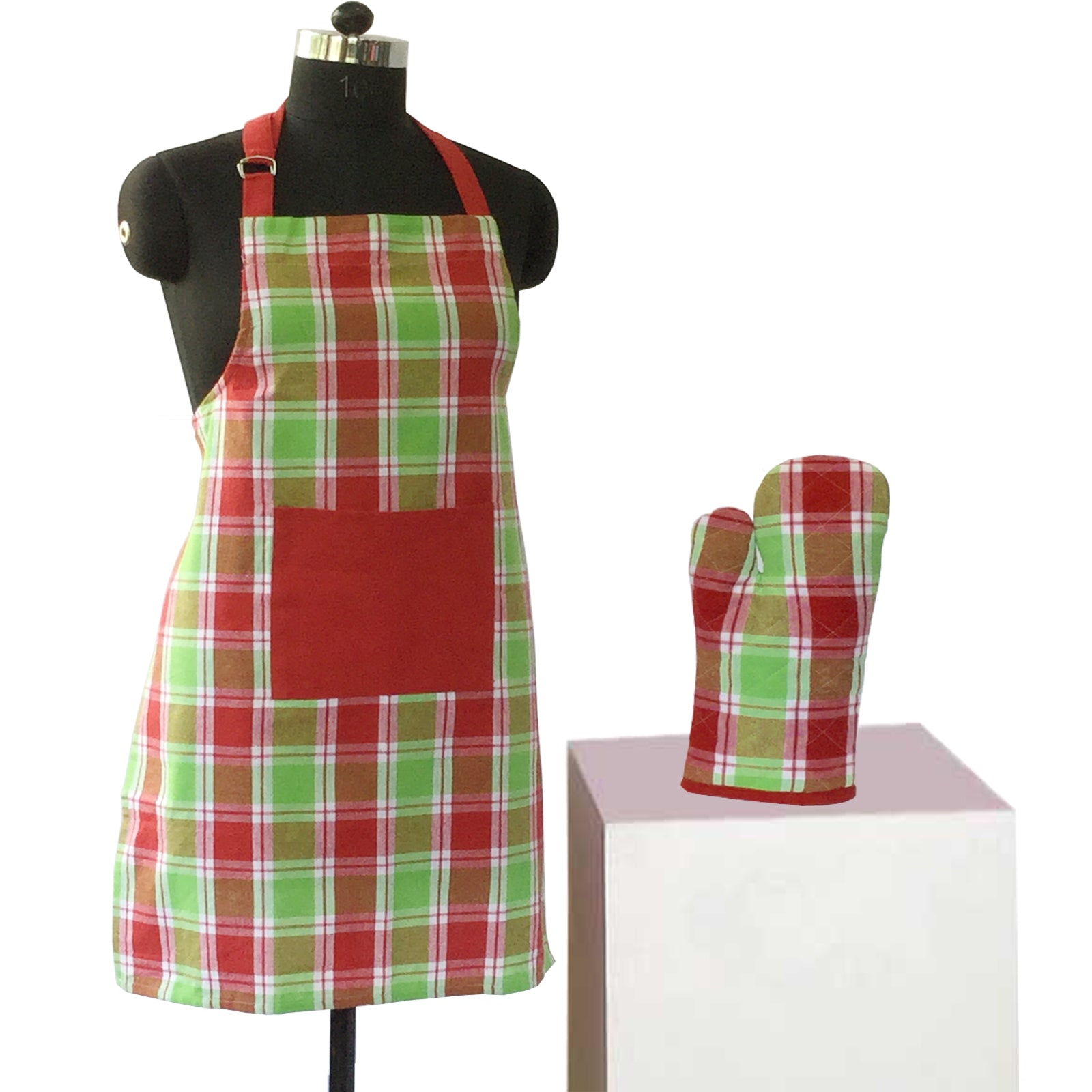 Lushomes Checks red and Green Kitchen Cooking Apron Set for Women (2 Pc Set, Oven Glove 17 x 32 cm, Apron 60 x 80 cms)