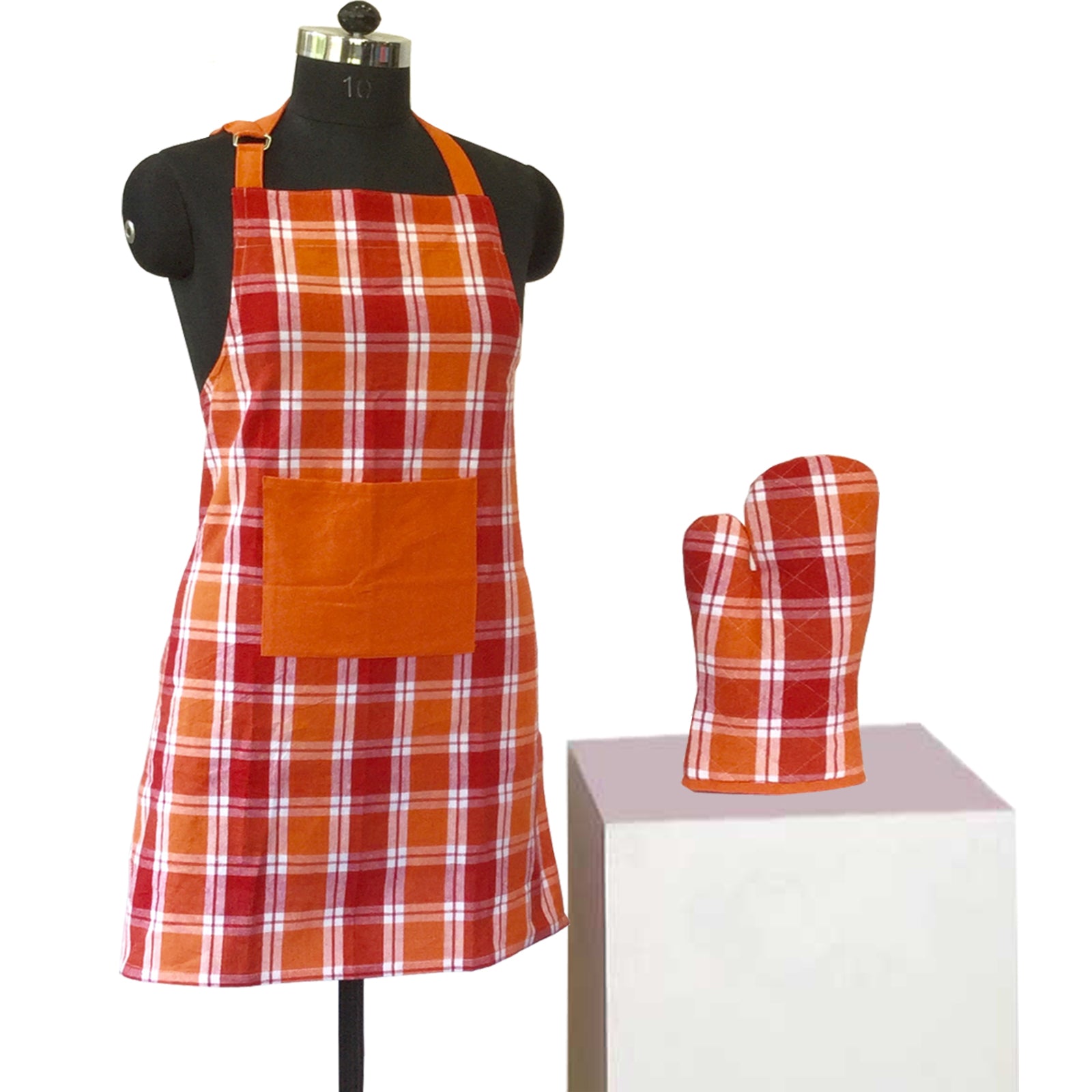 Lushomes Checks red and Orange Kitchen Cooking Apron Set for Women (2 Pc Set, Oven Glove 17 x 32 cm, Apron 60 x 80 cms)