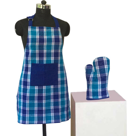 Lushomes Checks Blue Kitchen Cooking Apron Set for Women (2 Pc Set, Oven Glove 17 x 32 cm, Apron 60 x 80 cms)