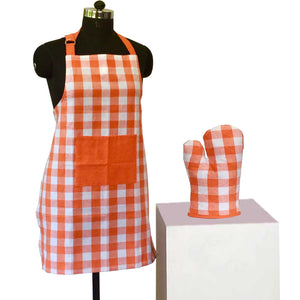 Lushomes Checks Orange Kitchen Cooking Apron Set for Women (2 Pc Set, Oven Glove 17 x 32 cm, Apron 60 x 80 cms)