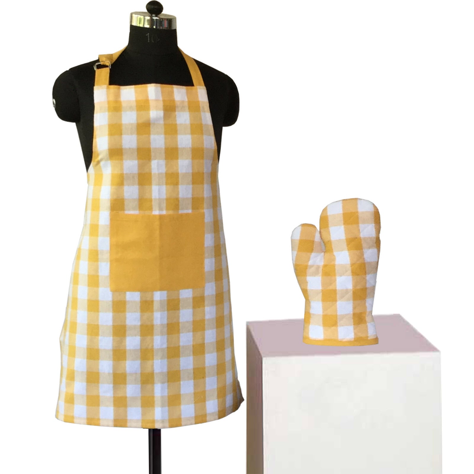 Lushomes Checks Yellow Kitchen Cooking Apron Set for Women (2 Pc Set, Oven Glove 17 x 32 cm, Apron 60 x 80 cms)