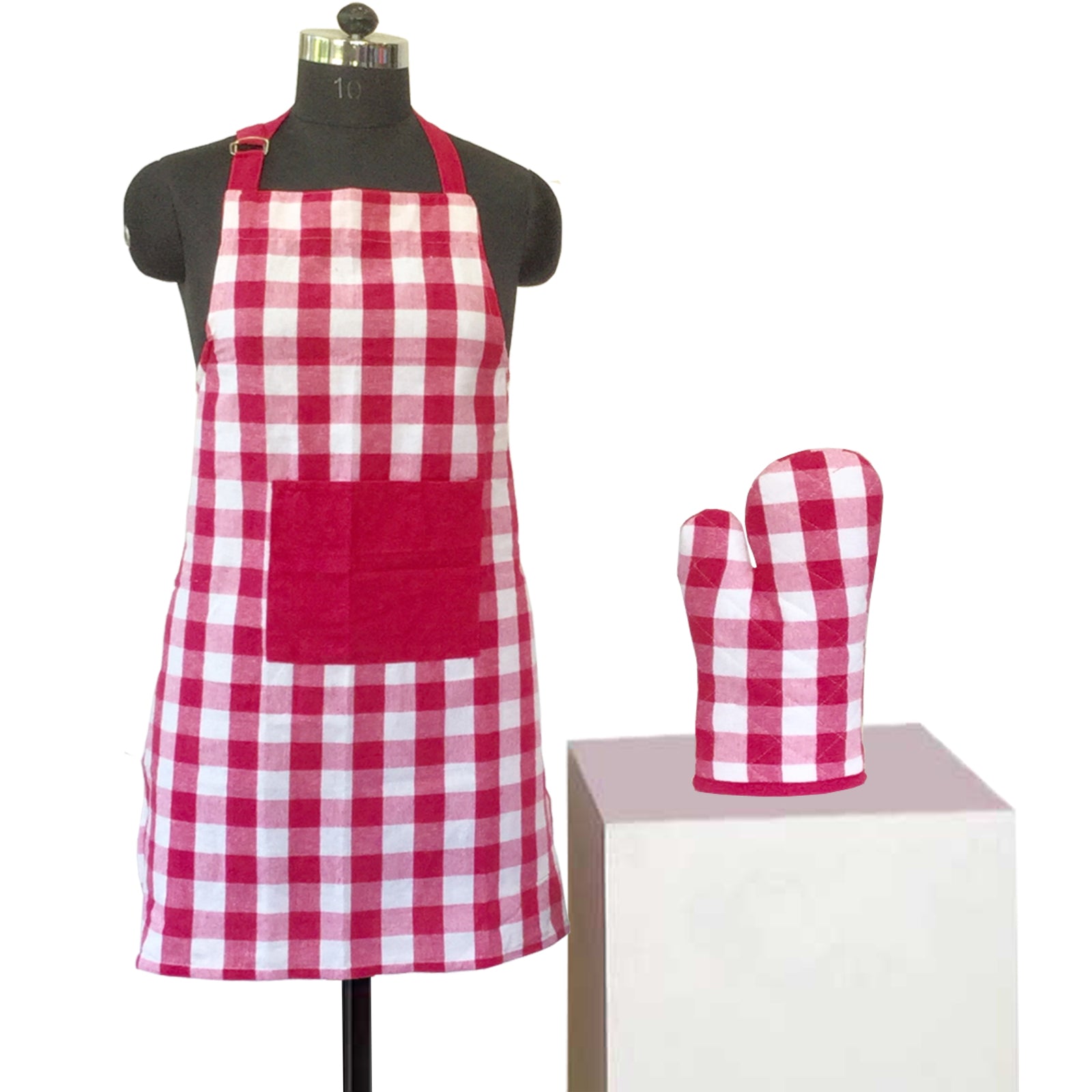 Lushomes Checks Lilac Kitchen Cooking Apron Set for Women (2 Pc Set, Oven Glove 17 x 32 cm, Apron 60 x 80 cms)