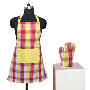 Lushomes Checks red and Yellow Kitchen Cooking Apron Set for Women (2 Pc Set, Oven Glove 17 x 32 cm, Apron 60 x 80 cms)