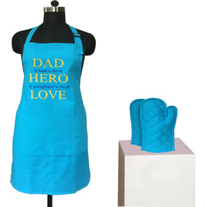 Lushomes Cotton Witty Blue Dads The Hero Apron Set (1 Apron & 2 Oven Mittens)