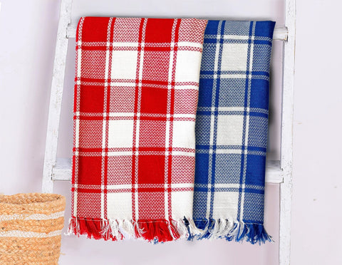Lushomes towels for bath, Cotton  Bath Towel Checks Combo, towels for bath large size, Red Blue Combo (Pack of 2, Size 70 x 150 cms)