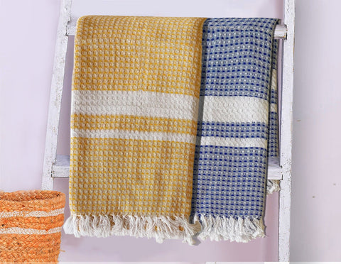 Lushomes towels for bath, Cotton  Bath Towel Checks Combo, towels for bath large size, Yellow Blue Combo (Pack of 2, Size 70 x 150 cms)