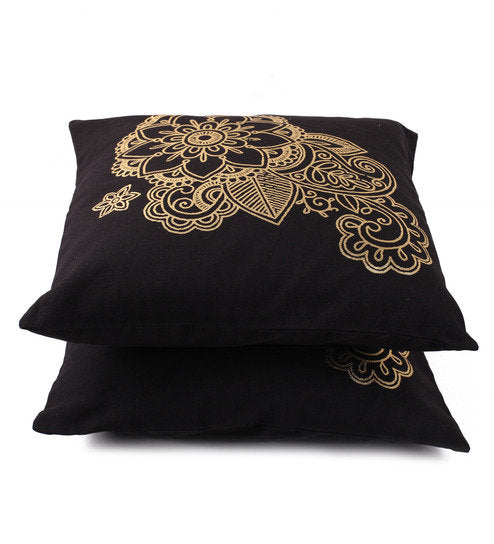 Lushomes Cushion covers 16 inch x 16 inch, Sofa Cushion Cover, Foil Printed Sofa Pillow Cover (Size 16 x 16 Inch, Set of 2, Black)