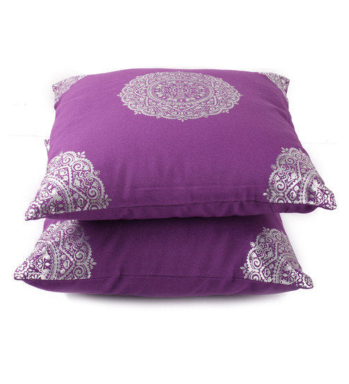 Lushomes Cushion covers 16 inch x 16 inch, Sofa Cushion Cover, Foil Printed Sofa Pillow Cover (Size 16 x 16 Inch, Set of 2, Purple)