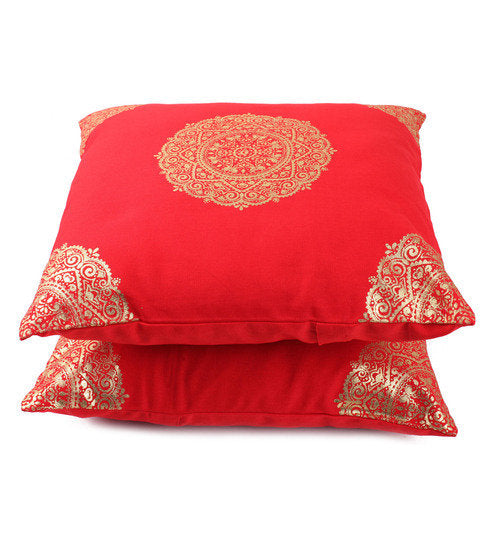 Lushomes Cushion covers 16 inch x 16 inch, Sofa Cushion Cover, Foil Printed Sofa Pillow Cover (Size 16 x 16 Inch, Set of 2, Red)